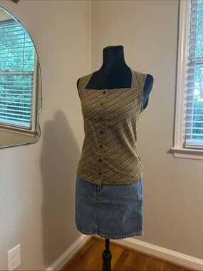 Black/Muted Yellow Striped Button Down w/ Square Neckline